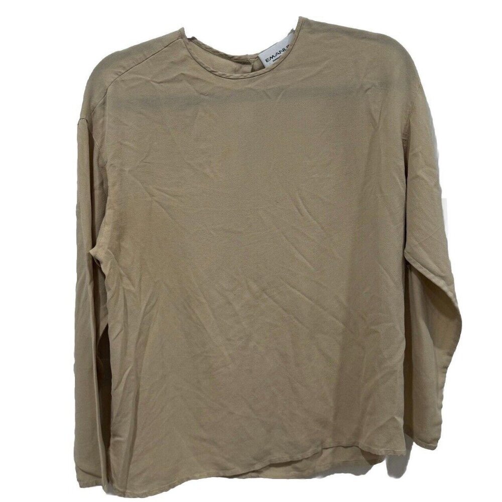 EMANUEL EMANUEL UNGARO Women’s Tan Silk Crepe Pleated 3/4 Sleeve‎ Blouse Size 6